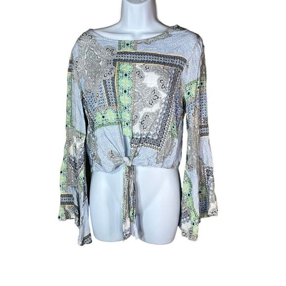 Altar’d State Boho Tie Front Bell Sleeve Blouse Size Small - Picture 1 of 7